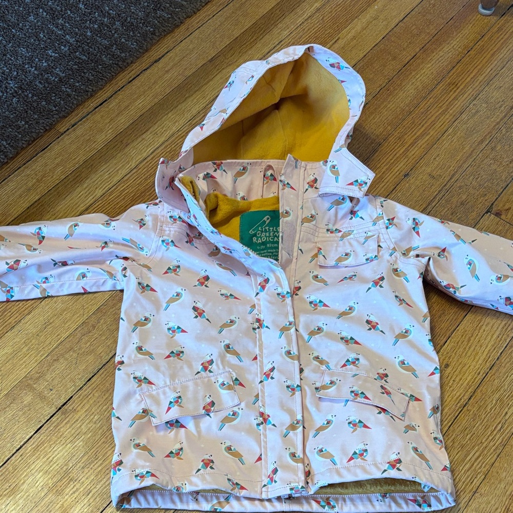 Little Green Radicals. Pink Raincoat with Yellow Lining and Hood. 90cm 1-2yr